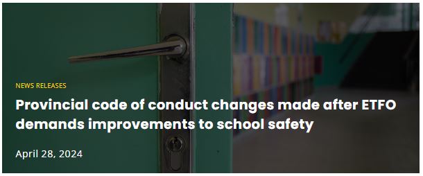 Provincial code of conduct changes made after ETFO demands improvements to school safety